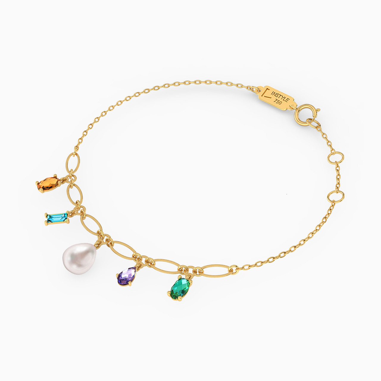 18K Gold Pearls & Colored Stones Charm Bracelet