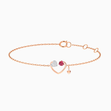 Heart Diamond & Red Stone Chain Bracelet in 18K Gold - KB702043RB