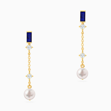 Round Pearls & Blue Stone Drop Earrings in 18K Gold - 111206140008
