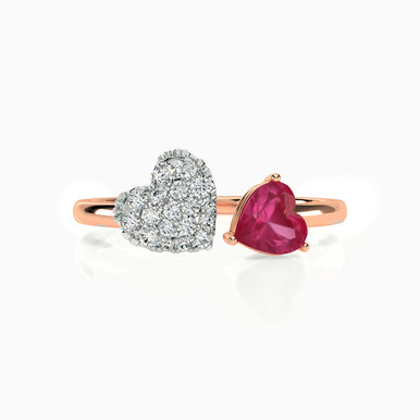 Heart Diamond & Rose Stone Two headed Ring in 18K Gold - KR603196RB Heart Diamond & Rose Stone Two headed Ring in 18K Gold - KR603196RB