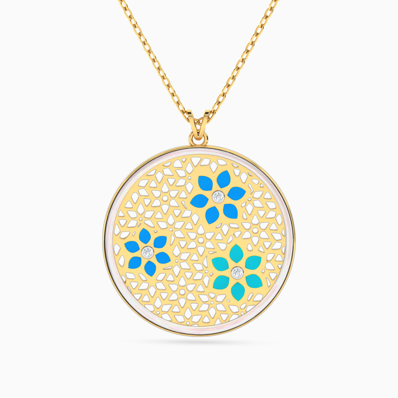 18K Gold Diamond & Enamel Coated Pendant Necklace