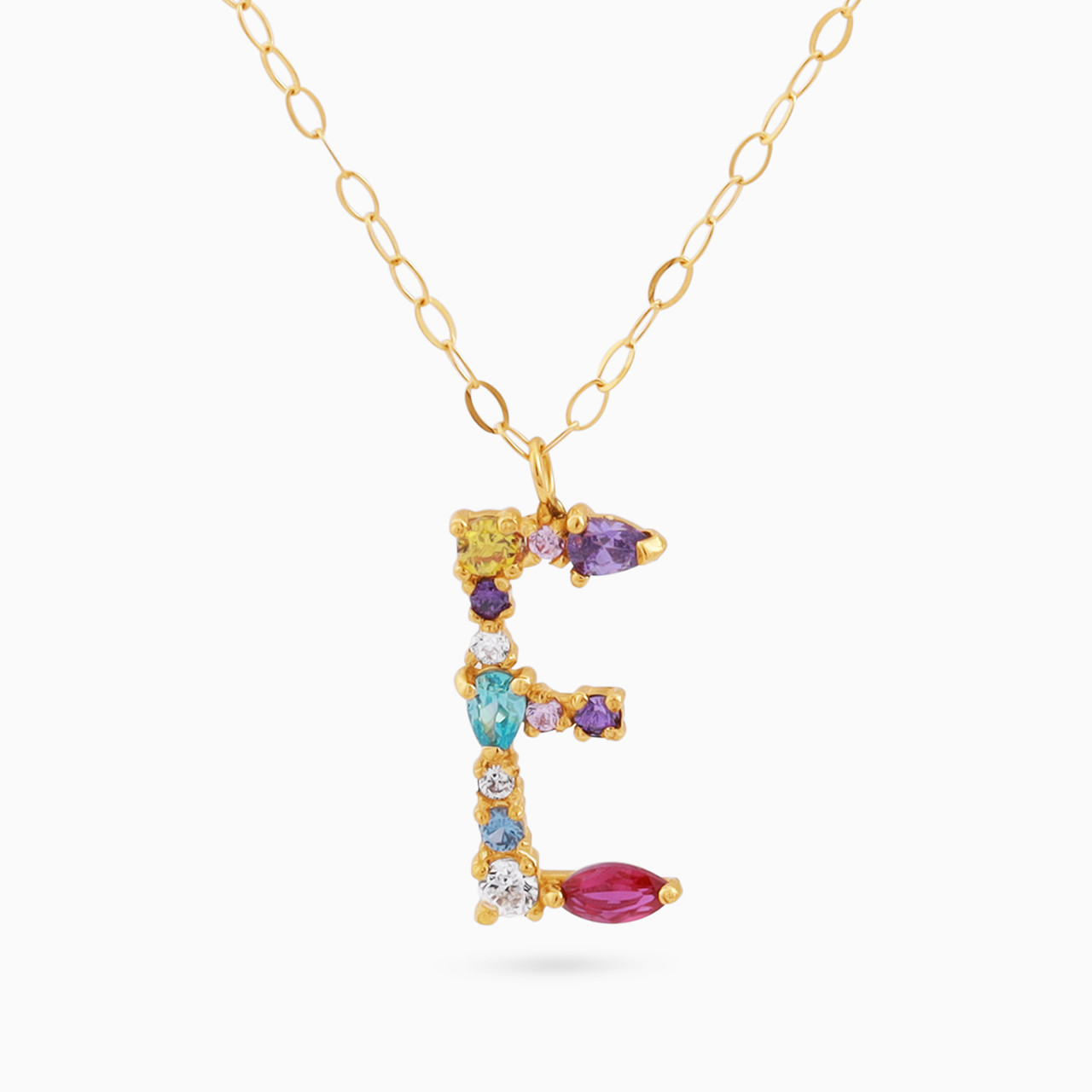 Letter E Colored Stones Pendant with 18K Gold Chain