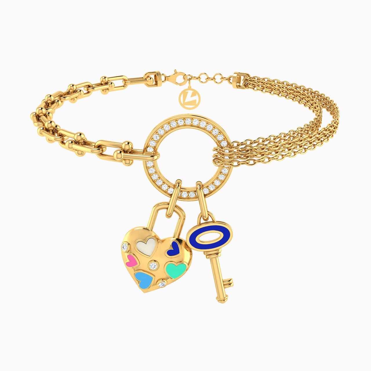 18K Gold Colored Stones & Enamel Coated Chain Bracelet