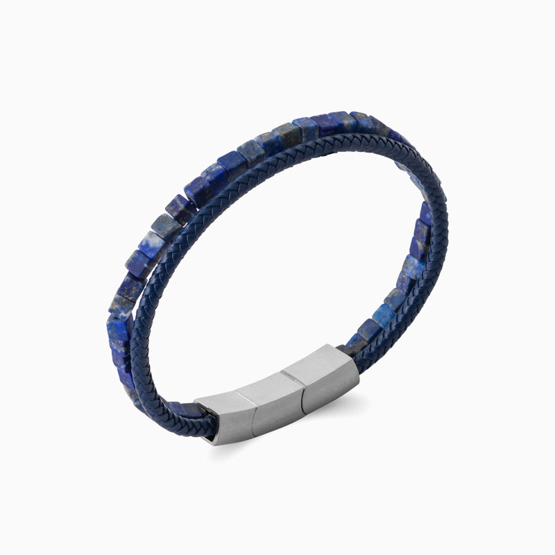 Steel Colored Stones & Fabric Cuff Bracelet for Men