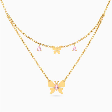 Butterfly Rose Stone Layered Necklace in 18K Gold - 21046111034