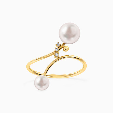 Round Diamonds & Pearls Bypass Ring in 18K Gold - 111106100001