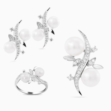 Leaf Diamond & Pearl Half Set in 18K Gold (3 Pieces) - LHS00009
