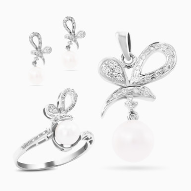 Ribbon Diamond & Pearl Half Set in 18K Gold (3 Pieces) - LHS00010