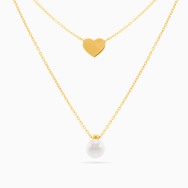 Heart Pearl Layered Necklace in 18K Gold - LNE00124