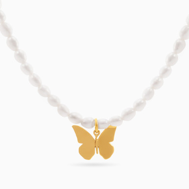 Butterfly Pearl Necklace in 18K Gold - LNE00129