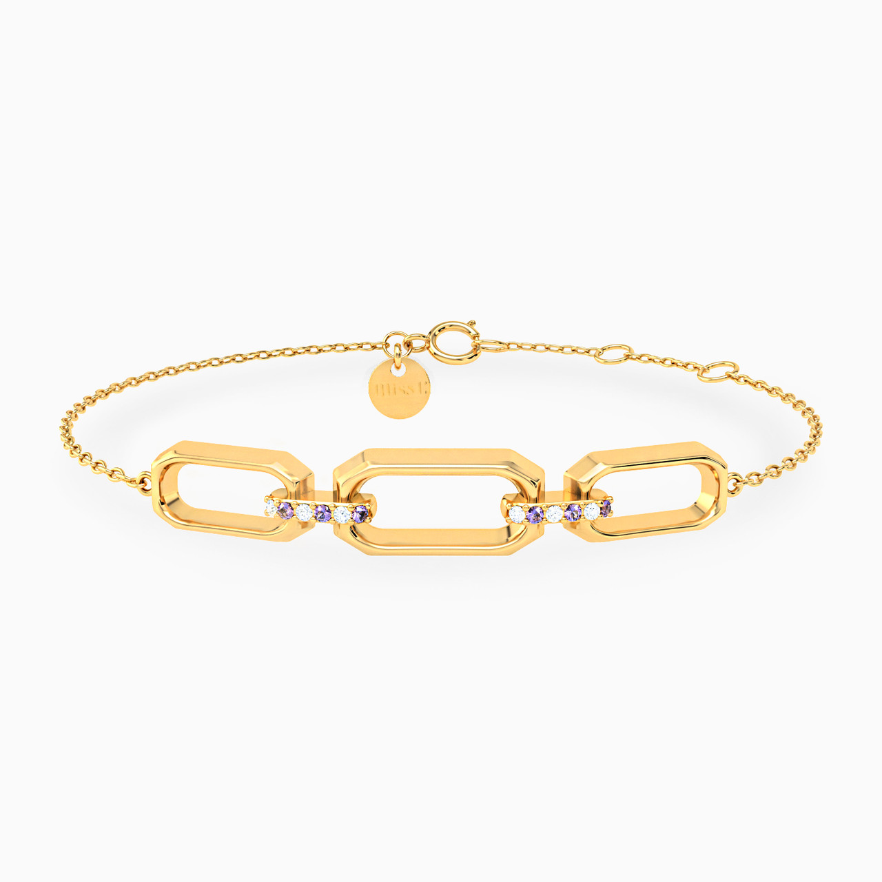 Rectangle Shaped Colored Stones Chain Bracelet in 18K Gold