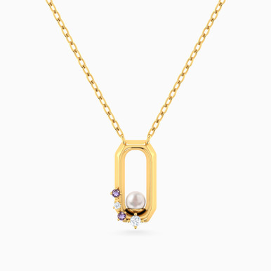 Rectangle Pearl & Colored Stones Necklace in 18K Gold - 21046111075