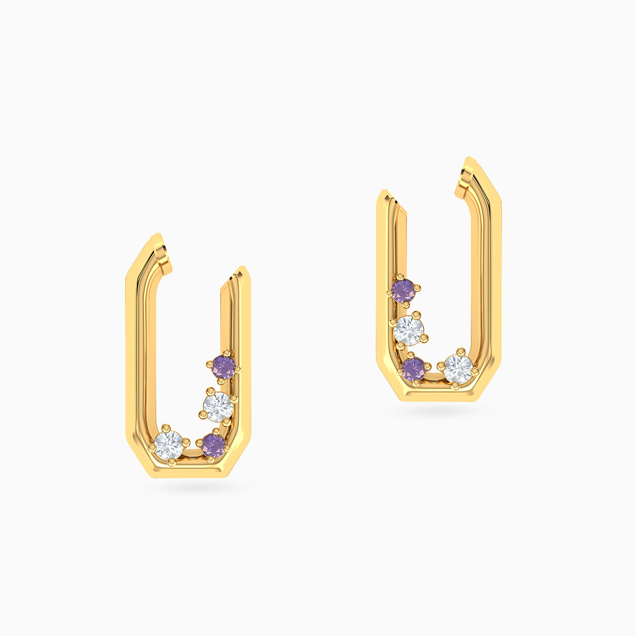 U Shaped Colored Stones Stud Earrings in 18K Gold