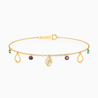 Leaf Shaped Colored Stones Charms Bracelet in 18K Gold - 111304180385