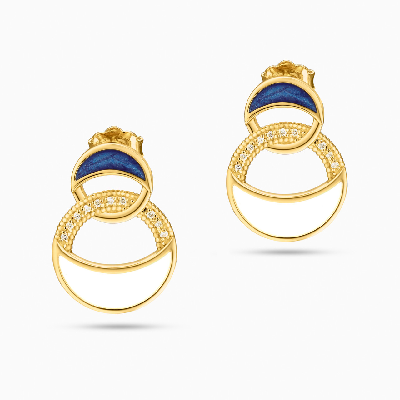Interlocked Circles Shaped Colored Stones Stud Earrings in 18K Gold