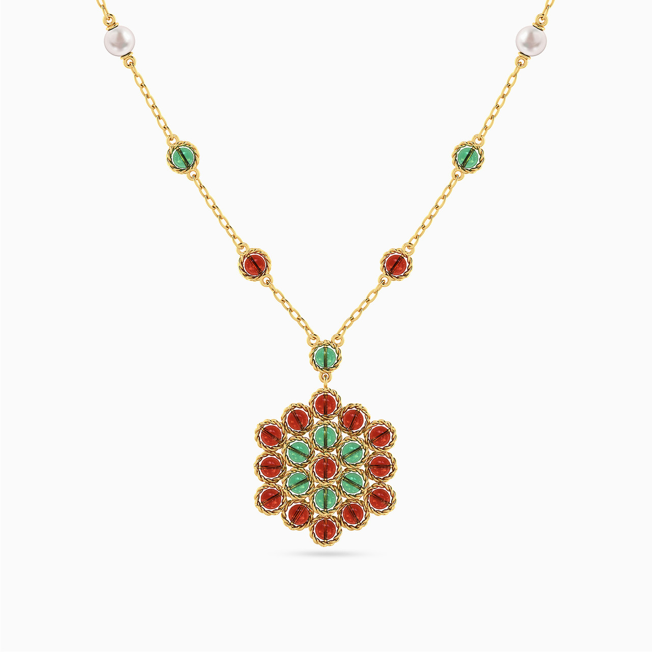 Flower Shaped Colored Stones Pendant with 18K Gold Chain