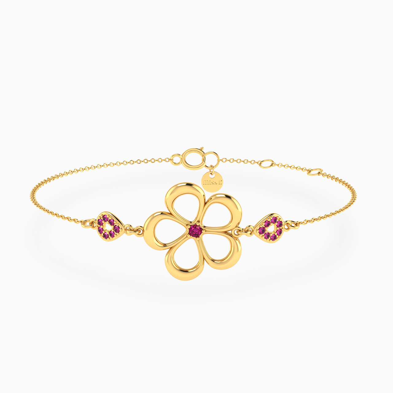 Flower Shaped Colored Stones Chain Bracelet in 18K Gold