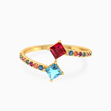 Square Colored Stones Two headed Ring in 18K Gold - 21048110633