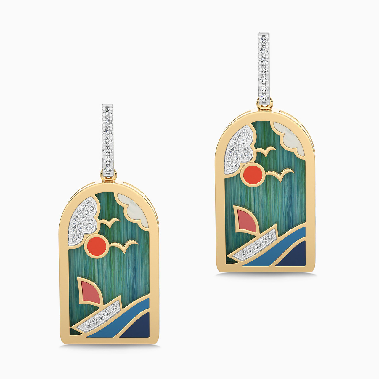 18K Gold Diamond & Enamel Coated Drop Earrings