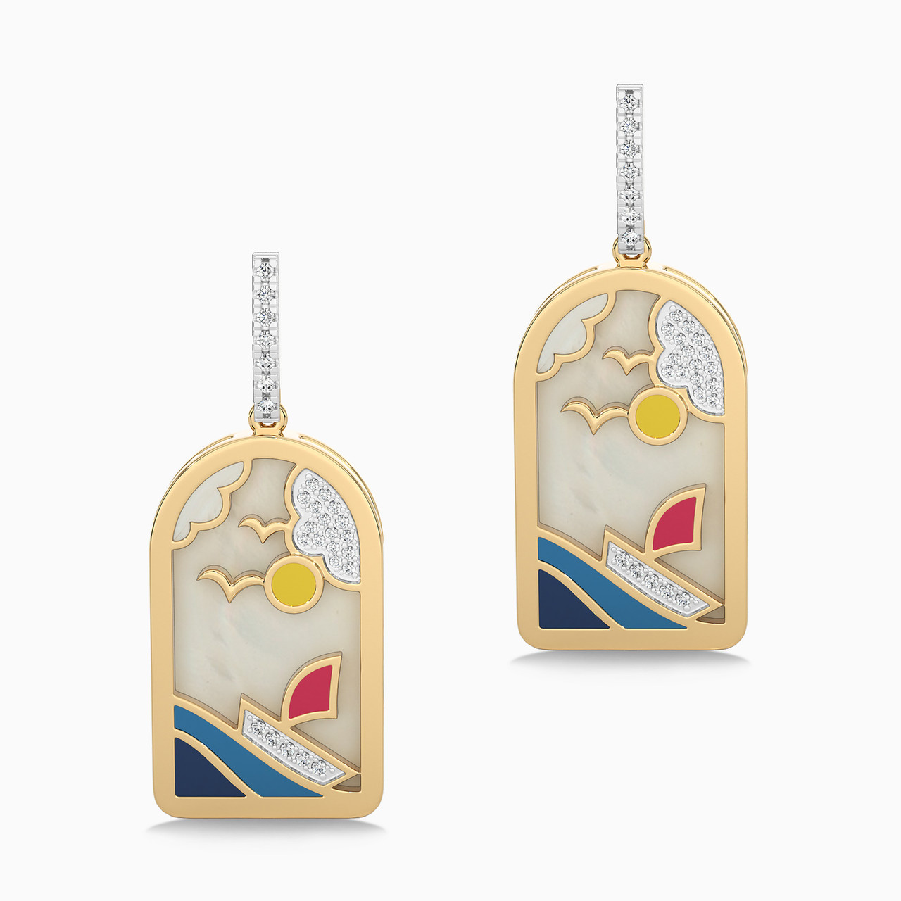 18K Gold Diamond & Enamel Coated Drop Earrings