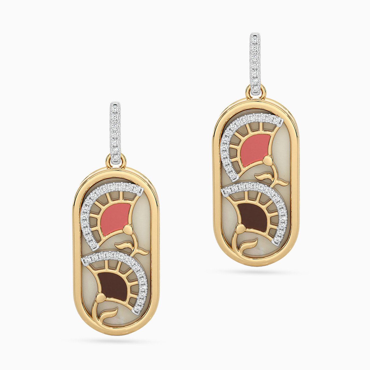 Oval Shaped Diamond & Enamel Coated Drop Earrings in 18K Gold