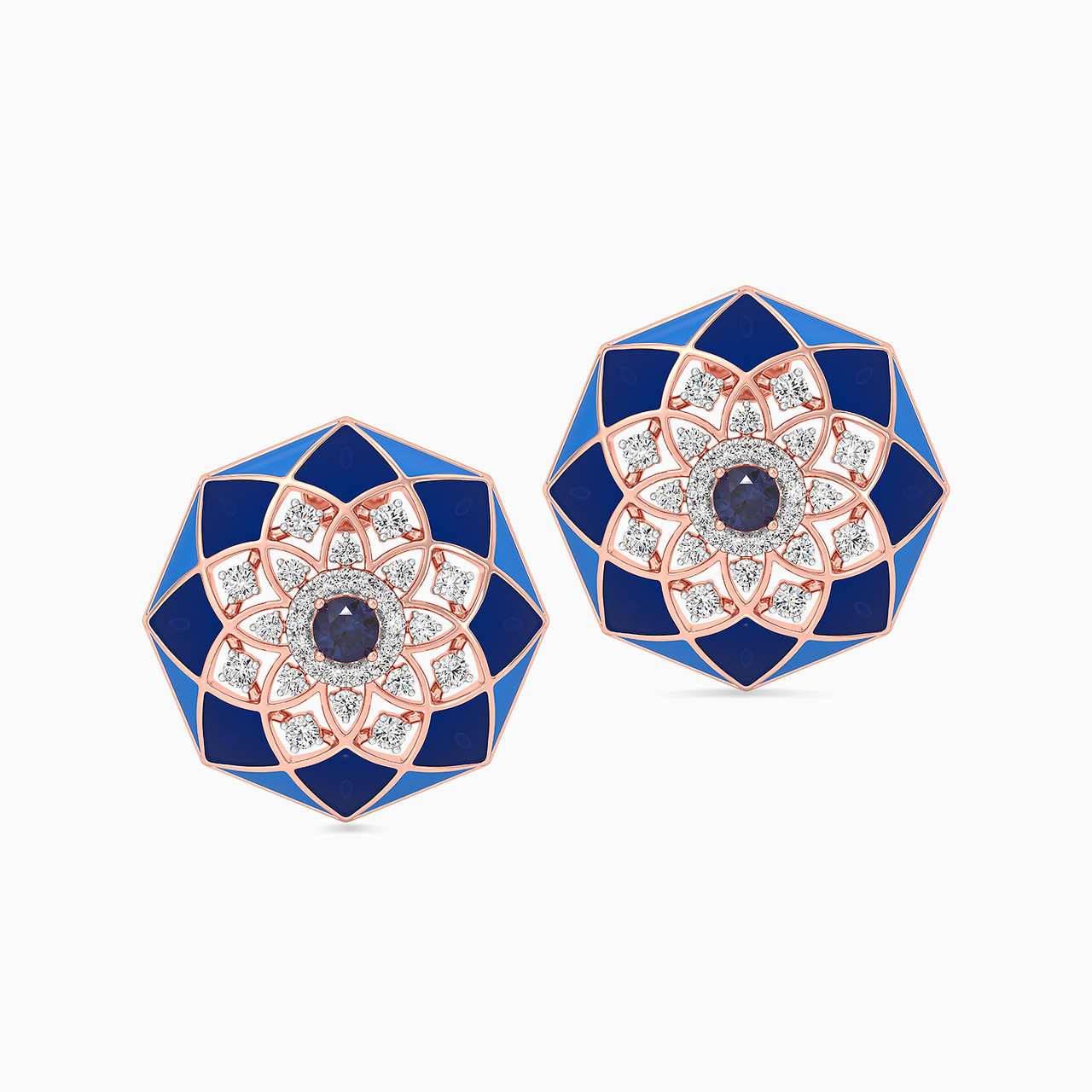 Octagon Shaped Diamond & Enamel Coated with Colored Stones Stud Earrings in 18K Gold