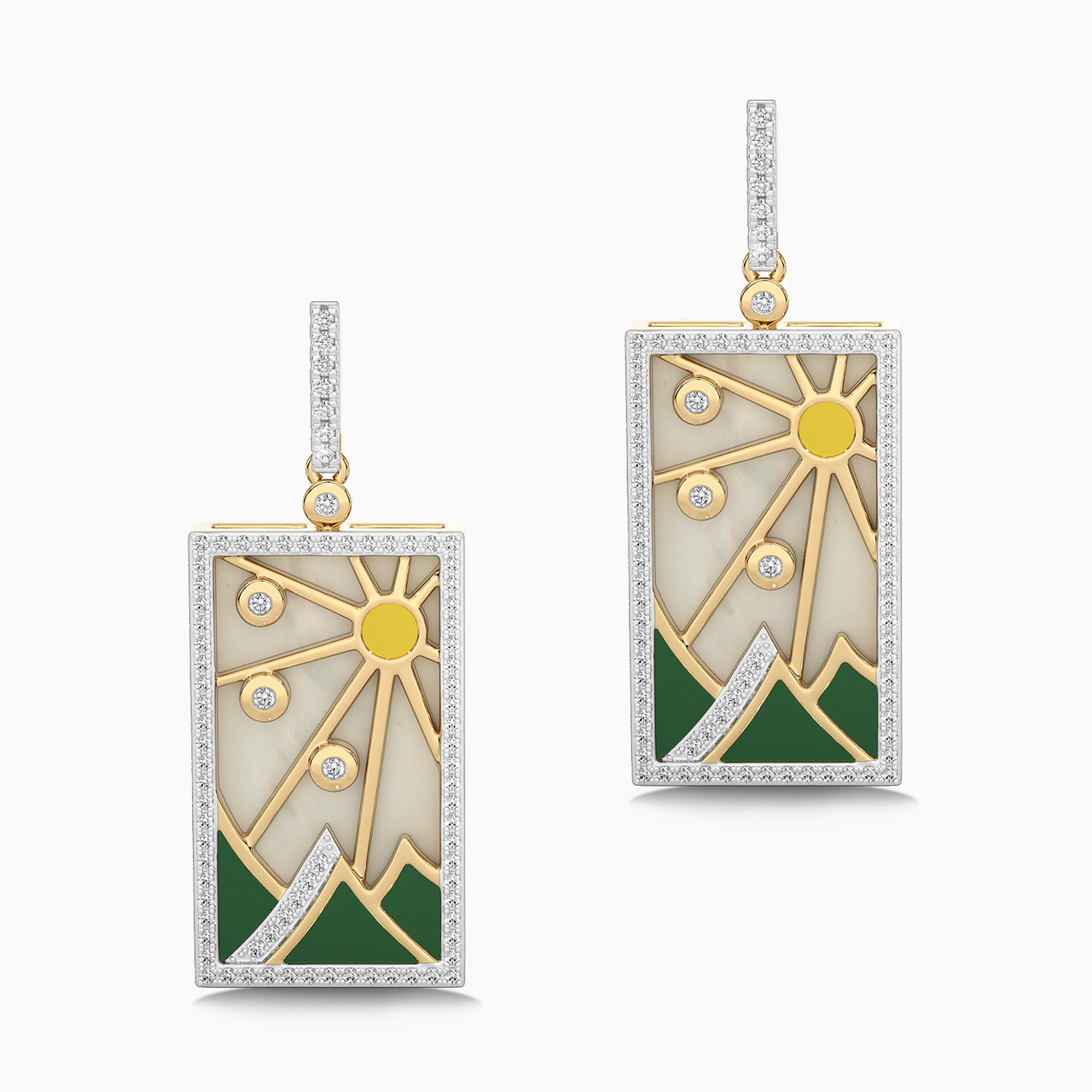 Rectangle Shaped Diamond & Enamel Coated Drop Earrings in 18K Gold