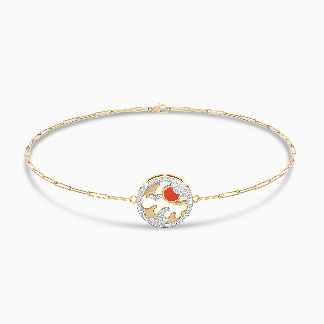 Circle Shaped Diamond & Enamel Coated Chain Bracelet in 18K Gold