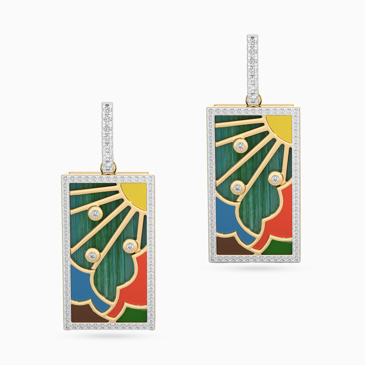 Rectangle Shaped Diamond & Enamel Coated Drop Earrings in 18K Gold