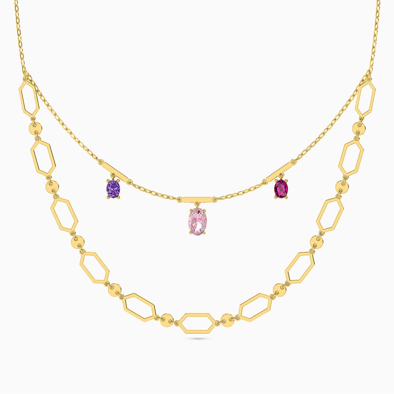 18K Gold Colored Stones Layered Necklace