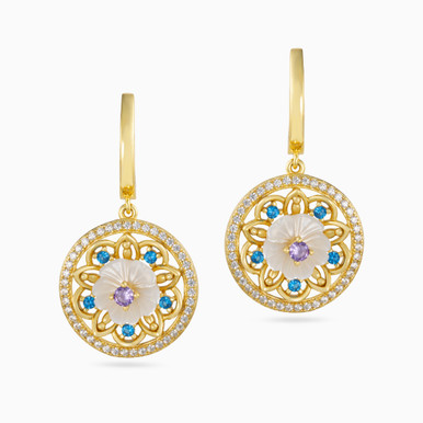 Circle Colored Stones Gold Plated Drop Earrings - GE14680A