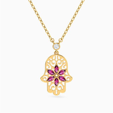 Hamsa Hand Rose Stone Necklace in 18K Gold - 111404130426
