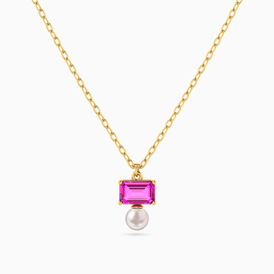 Multi-Shaped Colored Stones & Pearl Necklace in 18K Gold - 111406180083