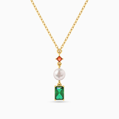 Square Colored Stones & Pearl Necklace in 18K Gold - 111406180090