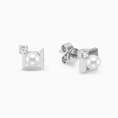 Square Lab Grown Diamonds & Pearl Sterling Silver Stud Earrings - MSE00848
