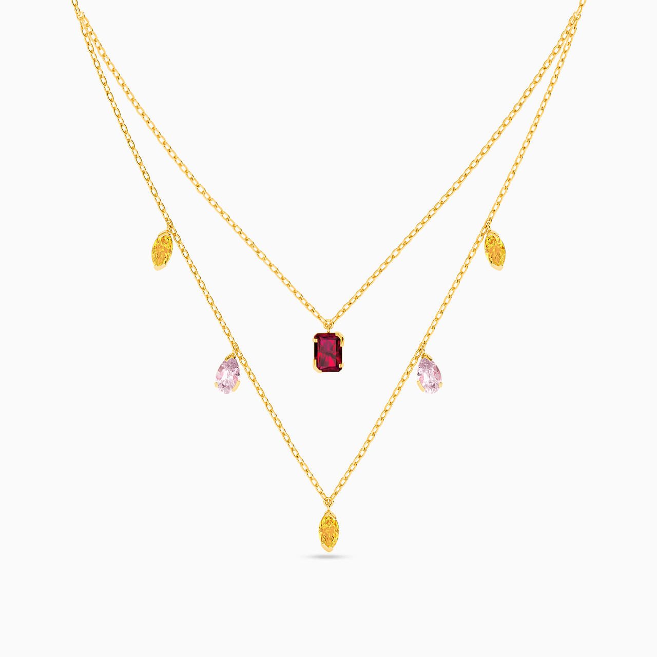 18K Gold Colored Stones Layered Necklace