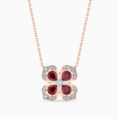 Clover Diamond & Red Stone Necklace in 18K Gold - TPD9001928-RB