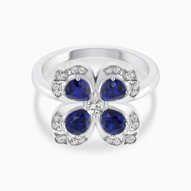 Clover Diamond & Blue Stone Ring in 18K Gold - TRG9001928-SB