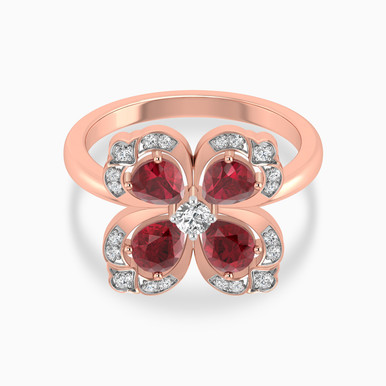 Clover Diamond & Red Stone Ring in 18K Gold - TRG9001928-RB