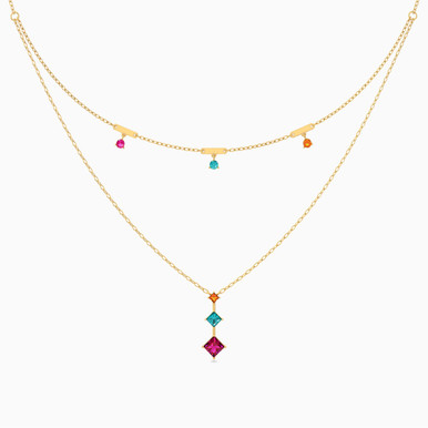 Square Colored Stones Layered Necklace in 18K Gold - 21046030277