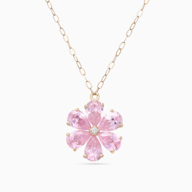 Flower Diamond & Pink Stones Necklace in 18K Gold - 11046030009