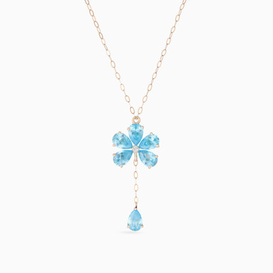 Flower Diamond & Aqua Blue Stones Necklace in 18K Gold - 11046030002