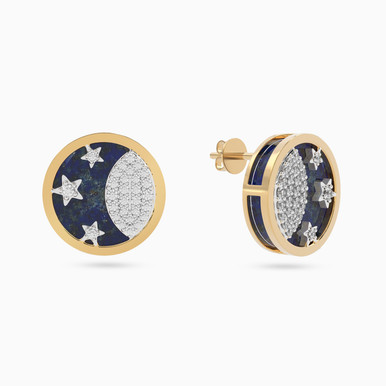 Cresent Blue Stone & Diamond Stud Earrings In 18K Gold - SAE05644