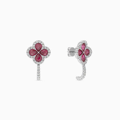 Flower Red Stone & Diamond Earrings in 18K Gold - KE108073RB