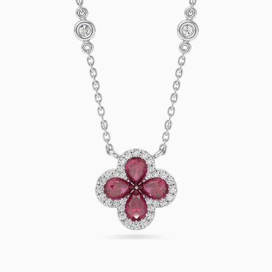 Flower Red Stone & Diamond Necklace in 18K Gold - KP610537RB