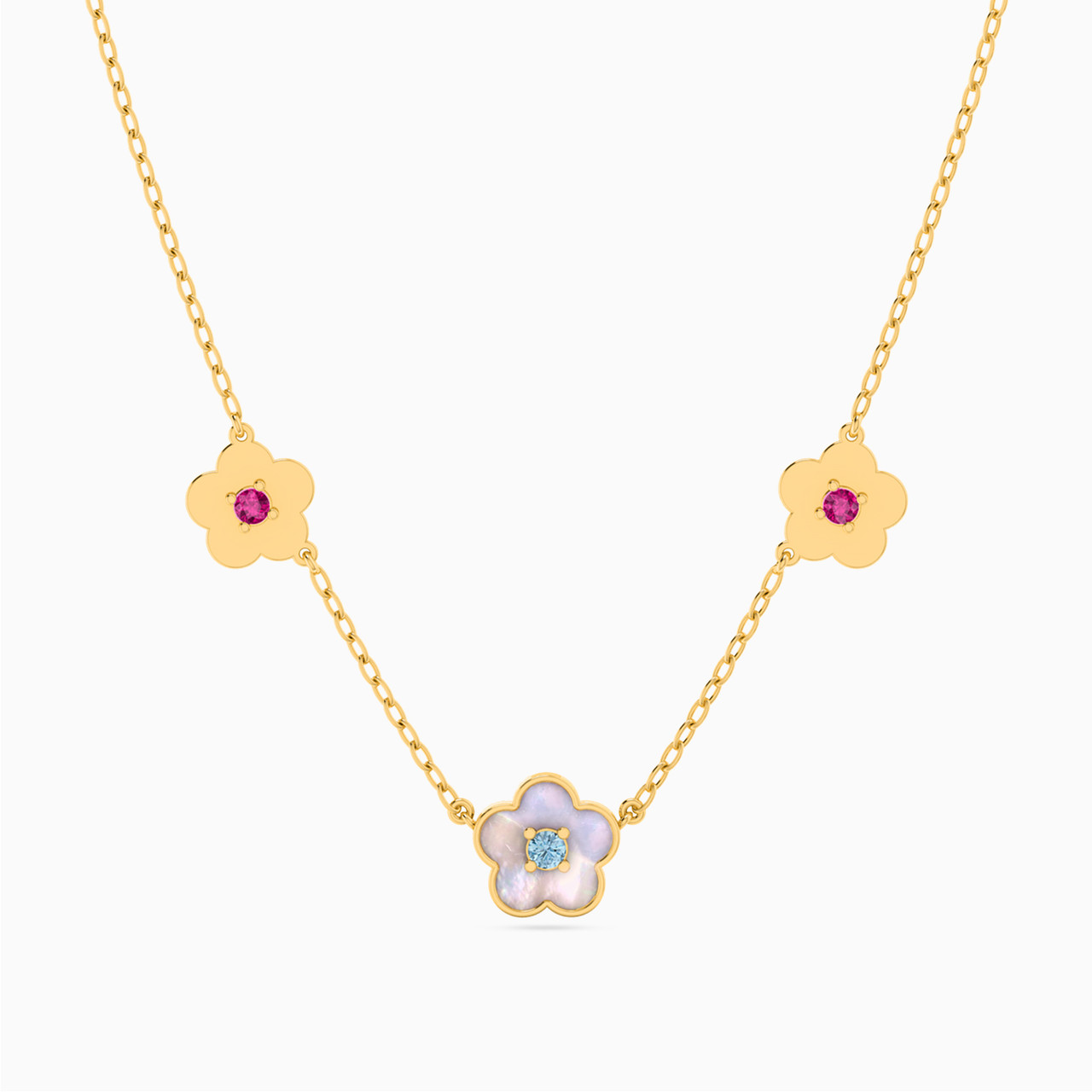 Flower Colored Stones Chain Necklace in 18K Gold