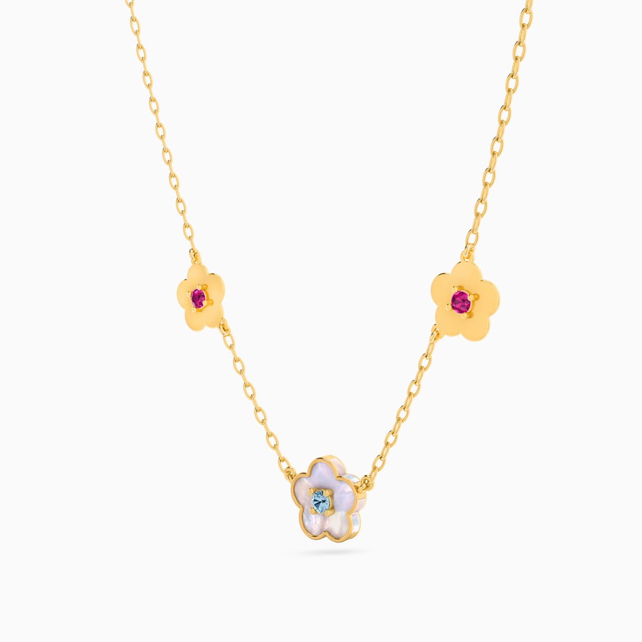 Flower Colored Stones Chain Necklace in 18K Gold