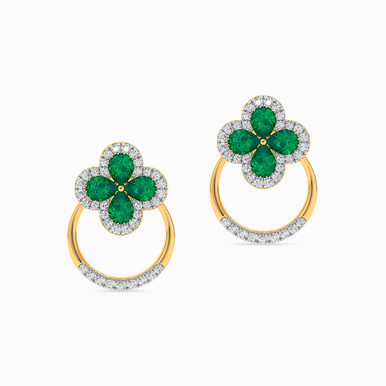 Flower Green Stone & Diamond Earrings in 18K Gold - KE611574EM
