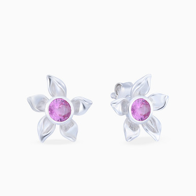 Flower Pink Stone Sterling Silver Stud Earrings - SE20886A