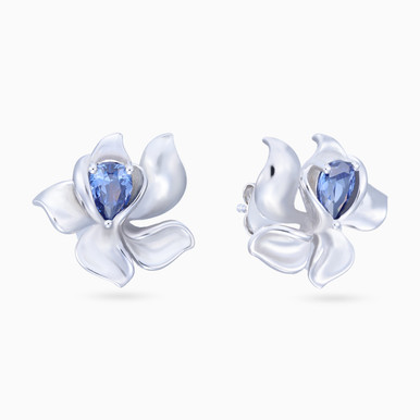 Flower Blue Stone Sterling Silver Stud Earrings - SE13312A